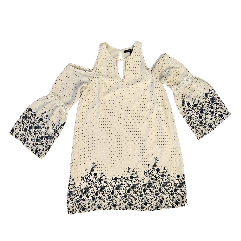 Cold Shoulder Tunic Bell Sleeves Ivory & Navy Floral Flowy Women's Small